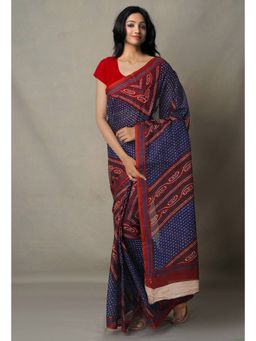 Unnati Silks - Navy Blue Pure Bandhani Kota Cotton Saree with Unstitched Blouse