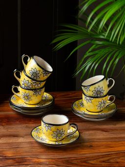 ExclusiveLane - 'Californian Sunflowers' Hand-Painted Ceramic Tea Cups With Saucers (Set Of 6)