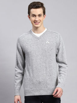Monte Carlo - Mens Solid Grey V-Neck Full Sleeves Sweater