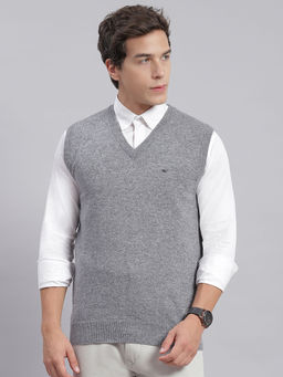 Monte Carlo - Mens Solid Dark Grey Melange V-Neck Sleeveless Sweater
