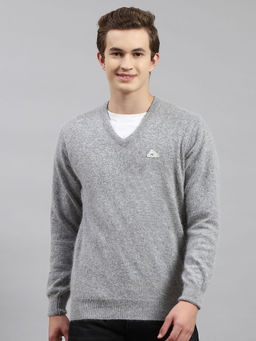 Monte Carlo - Mens Solid Grey V-Neck Full Sleeves Pull On Sweater