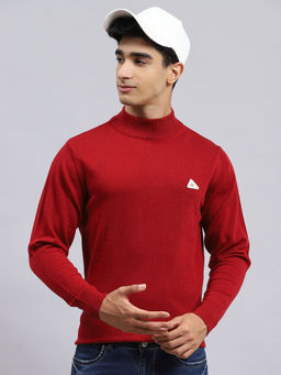 Monte Carlo - Mens Solid Cherry Red High Neck Full Sleeves Sweater