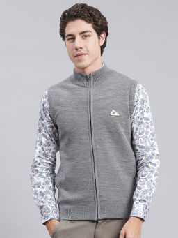 Monte Carlo - Mens Solid Grey High Neck Sleeveless Sweater