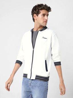 Urbano Fashion - Men's White Cotton Zippered Varsity Jacket