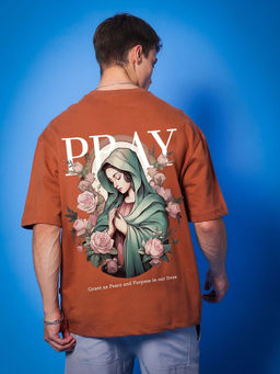 WEARDUDS - Pray Oversized Graphic Print T-Shirt -Brown