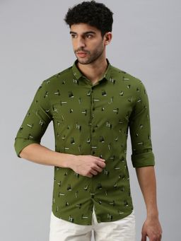 SHOWOFF - Men Roll-Up Sleeves Olive Abstract Shirt