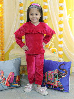 BownBee - Girls Ethnic Winter Wear Velvet Frill Full Sleeve Top & Pant- Pink (Set of 2)