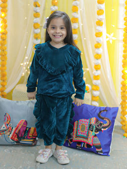 BownBee - Girls Ethnic Winter Wear Velvet Frill Full Sleeve Top & Pant- Teal (Set of 2)