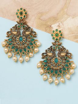 OOMPH - Green Kemp Stone and Pearls Peacock Design Chandbali Earrings
