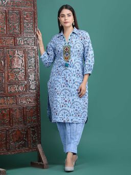Ritivesh - Warli Printed Cotton Blue Kurta With Afghani Salwar Pant (Set of 2)