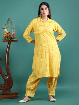 Ritivesh - Cotton Golden Striped Yellow Kurta With Afghani Salwar Pant (Set of 2)