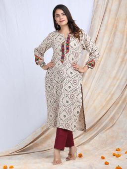 Ritivesh - Warli Printed Cotton Beige Kurta With Pant (Set of 2)