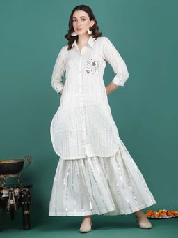 Ritivesh - Cotton Silver Striped Off White Kurta With Sharara (Set of 2)