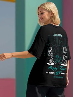Bewakoof - Official Squid Game Women's Jet Black Jump Rope Graphic Printed Oversized T-shirt