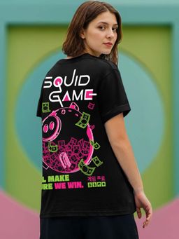 Bewakoof - Official Squid Game Women's Black Win Graphic Printed Boyfriend T-shirt