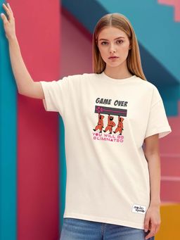 Bewakoof - Official Squid Game Women's Beige Elimination Graphic Printed Boyfriend T-shirt