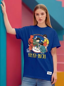 Bewakoof - Official Squid Game Women's Blue Chigi Graphic Printed Boyfriend T-shirt