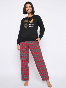 Clovia - Women Black Printed Pyjama with Sweatshirt (Set of 2)