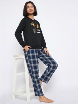 Clovia - Women Black Printed Pyjama with Sweatshirt (Set of 2)