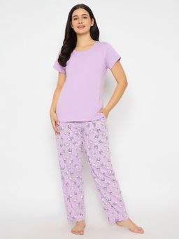 Clovia - Women Purple Printed T-Shirt with Pyjama (Set of 2)