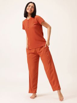 Clovia - Women Orange Textured Top with Pyjama (Set of 2)