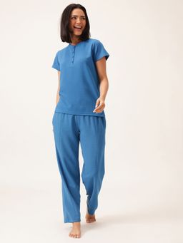 Clovia - Women Blue Textured Top with Pyjama (Set of 2)