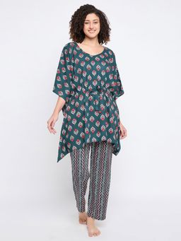 Clovia - Women Teal Printed Top with Pyjama (Set of 2)