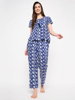 Clovia - Women Navy Blue Printed Top with Pyjama (Set of 2)
