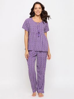 Clovia - Women Purple Printed Top with Pyjama (Set of 2)
