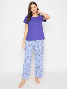 Clovia - Women Blue Printed T-Shirt with Pyjama (Set of 2)