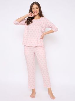 Clovia - Women Pink Printed Top with Pyjama (Set of 2)