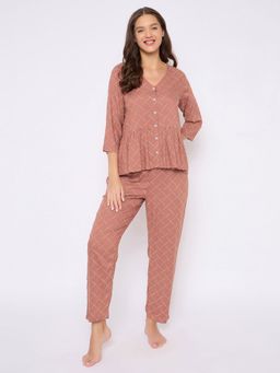 Clovia - Women Brown Geometric Top with Pyjama (Set of 2)