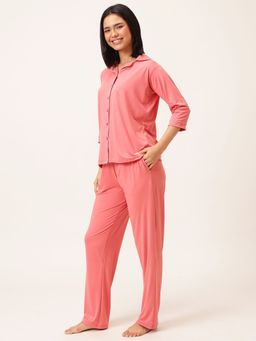 Clovia - Women Peach Solid Shirt with Pyjama (Set of 2)