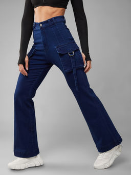 DOLCE CRUDO - Navy Blue Bootcut High rise Clean look Regular Stretchable Denim Jeans