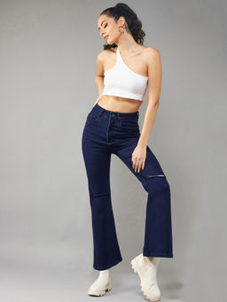 DOLCE CRUDO - Navy Blue Bootcut High Rise Clean Look Regular Stretchable Denim Jeans