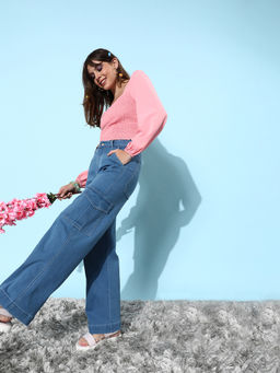 DOLCE CRUDO - Womens Blue Wide leg High Rise Regular Stretchable Denim Jeans