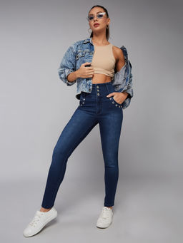 DOLCE CRUDO - Womens Navy Blue Skinny Fit High Rise Regular Length Stretchable Denim Jeans