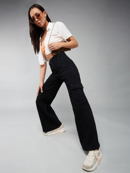 DOLCE CRUDO - Women Black Wide Fit Wide Stretchable Jeans with Belt (Set of 2)