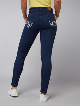 DOLCE CRUDO - Womens Navy Blue Printed Fabric Detailing Skinny Fit Mid Rise Stretchable Jeans