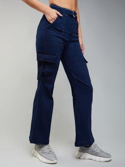 DOLCE CRUDO - Womens Navy Blue Wide leg High rise Clean Look Stretchable Cargo Jeans