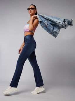 DOLCE CRUDO - Women's Navy Blue Straight Leg Mid Rise Clean Look Regular Denim Jeans