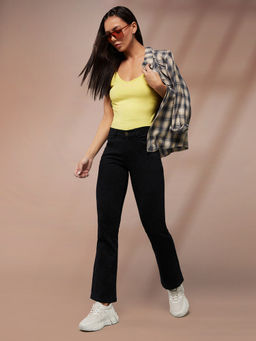 DOLCE CRUDO - Womens Black Bootcut High rise Clean look Stretchable Denim Jeans