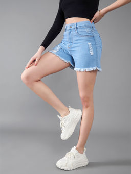 DOLCE CRUDO - Womens Blue Mid Rise Highly Distressed Denim Shorts