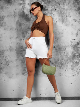 DOLCE CRUDO - Womens White High Rise Stretchable Denim Shorts