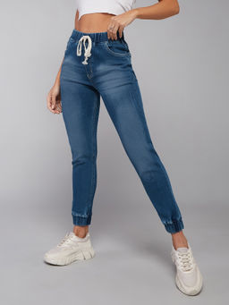 DOLCE CRUDO - Women's Navy Blue Relaxed Fit Mid Rise Scraped Denim Stretchable Jogger Pants