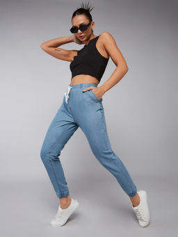DOLCE CRUDO - Women's Blue Regular Fit Mid Rise Regular Non-Stretchable Denim Joggers