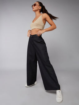 DOLCE CRUDO - Women's Black Wide-Leg High Rise Clean Look Regular Length Denim Pant