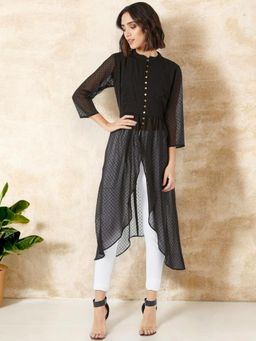 Miss Chase - Women's Black Mandarin Collar 3/4 Sleeves Solid Front-Open Maxi Top