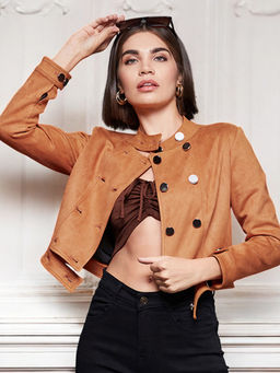 Miss Chase - Womens Burnt Orange High Neck Full-Sleeve Solid Cropped Polyester Jacket