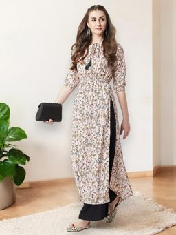 Miss Chase - Women Multicolour Round Neck Floral Tie-Up Tassel Detailing Front Slit Maxi Dress